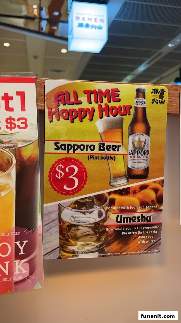 A promotional poster for Tonkotsu Kazan's 'All Time Happy Hour' featuring Sapporo Beer and Umeshu.