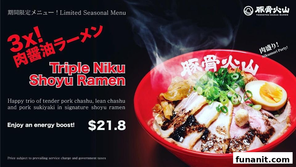 A vibrant image showcasing Tonkotsu Kazan Ramen's Triple Niku Shoyu Ramen.