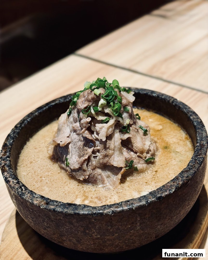 A close-up of a hearty ramen or hotpot dish with thinly sliced beef and green onions in a stone bowl.
