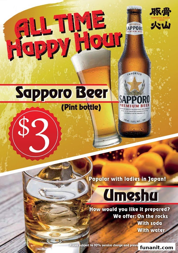 An advertisement featuring Sapporo Beer happy hour and Umeshu drink options.