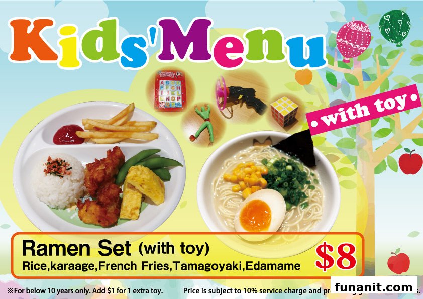 A colorful Kids' Menu featuring a ramen set with various sides and toy options.