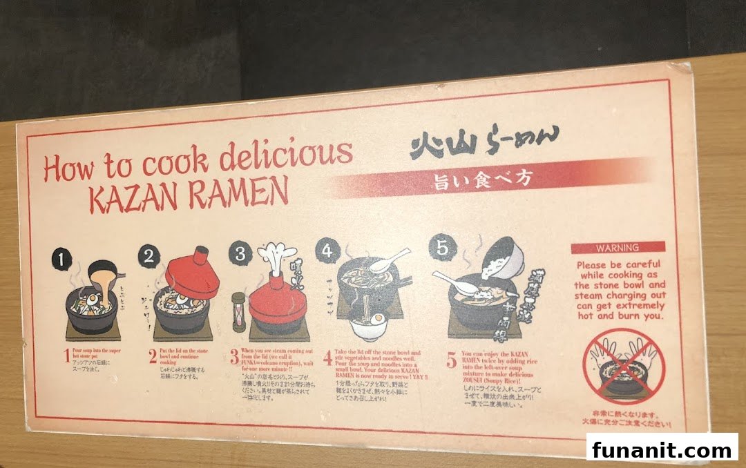 A step-by-step guide illustrating how to prepare and enjoy Tonkotsu Kazan Ramen.