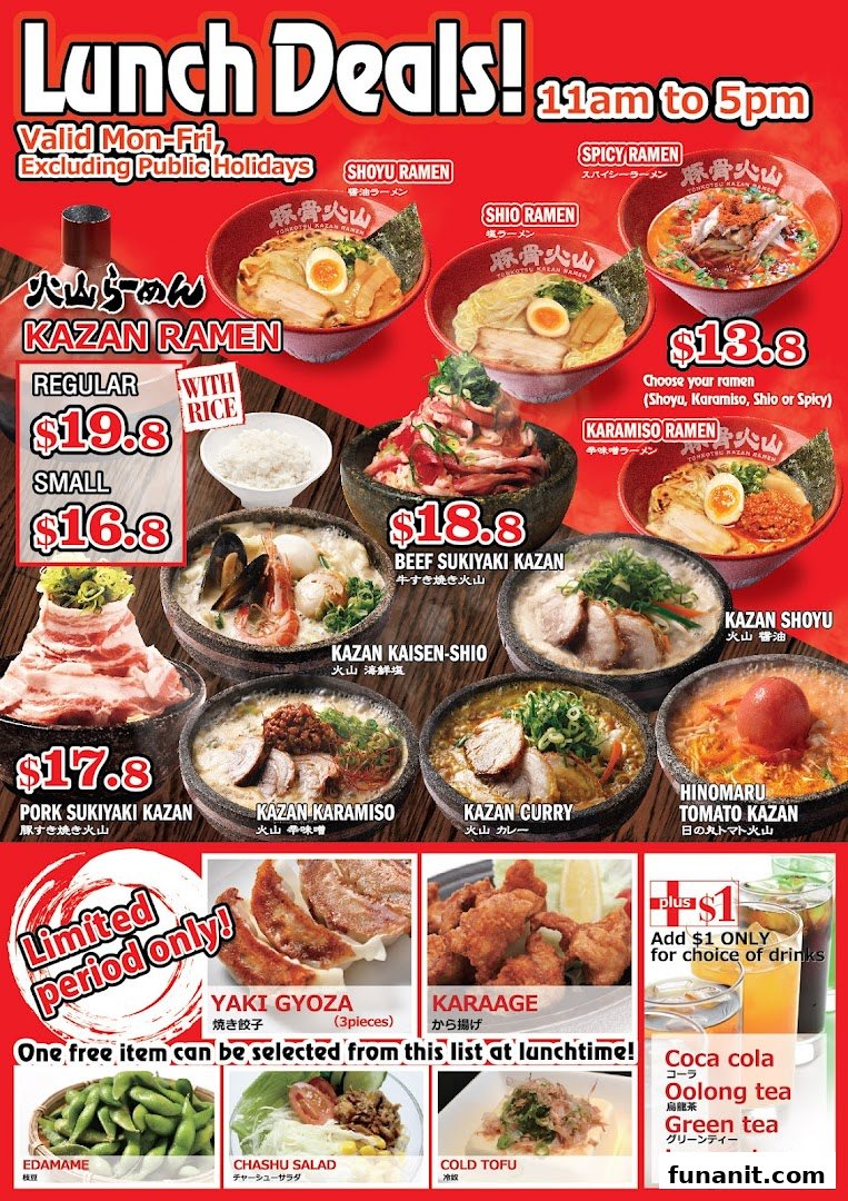 A vibrant menu showcasing lunch deals for Tonkotsu Kazan Ramen, featuring various ramen and hotpot dishes.