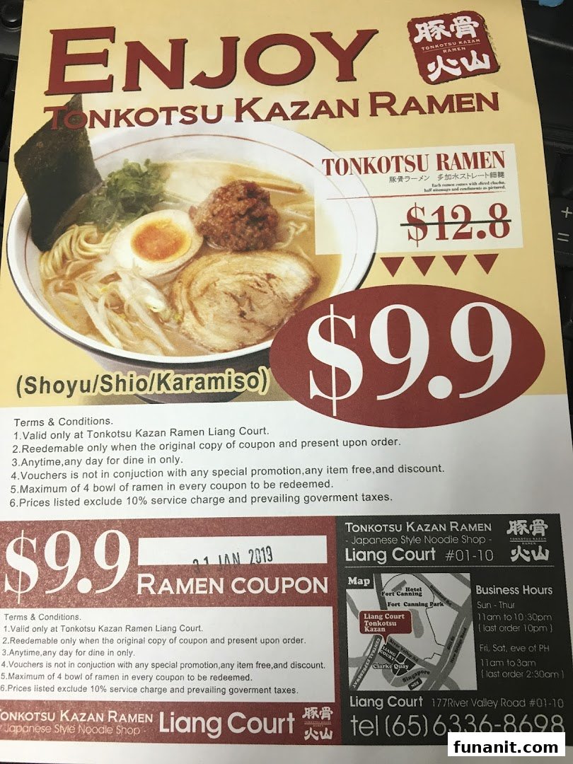 A promotional flyer for Tonkotsu Ramen, featuring a special coupon price.