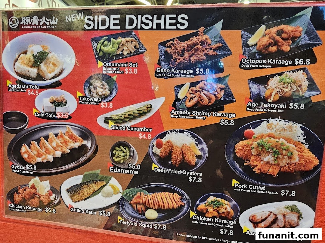 A vibrant menu showcasing various Japanese side dishes with prices and images.