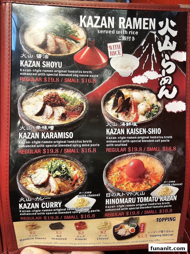 A vibrant menu displaying various Kazan-style ramen dishes with prices and toppings.