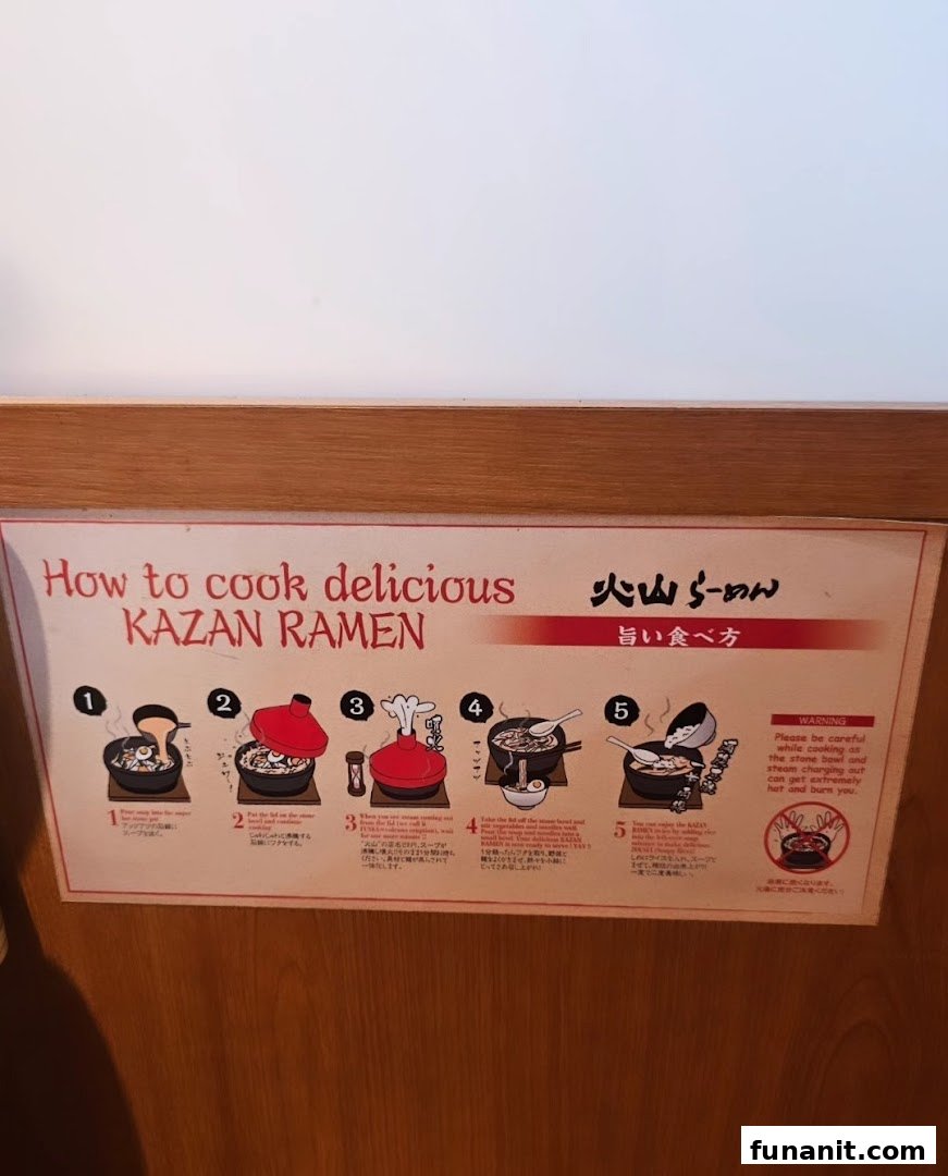 An instructional poster detailing how to cook delicious Kazan Ramen in a hot stone bowl.