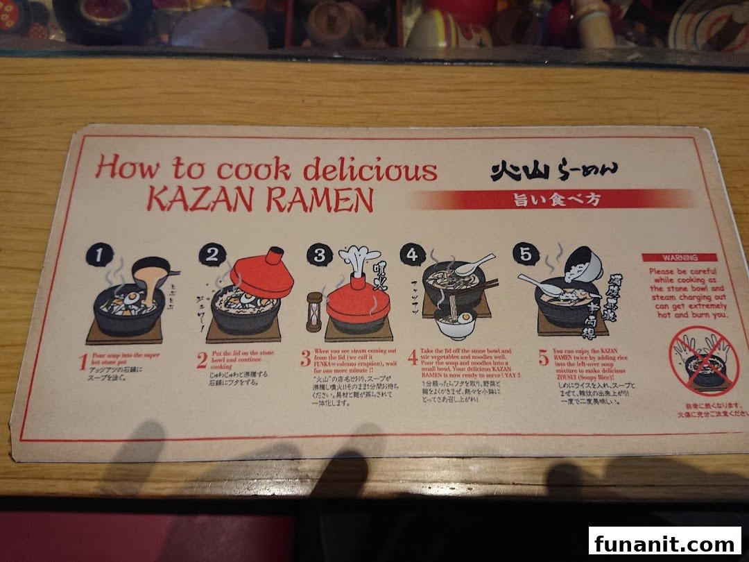 A step-by-step guide illustrating how to cook and enjoy Tonkotsu Kazan Volcano Ramen.