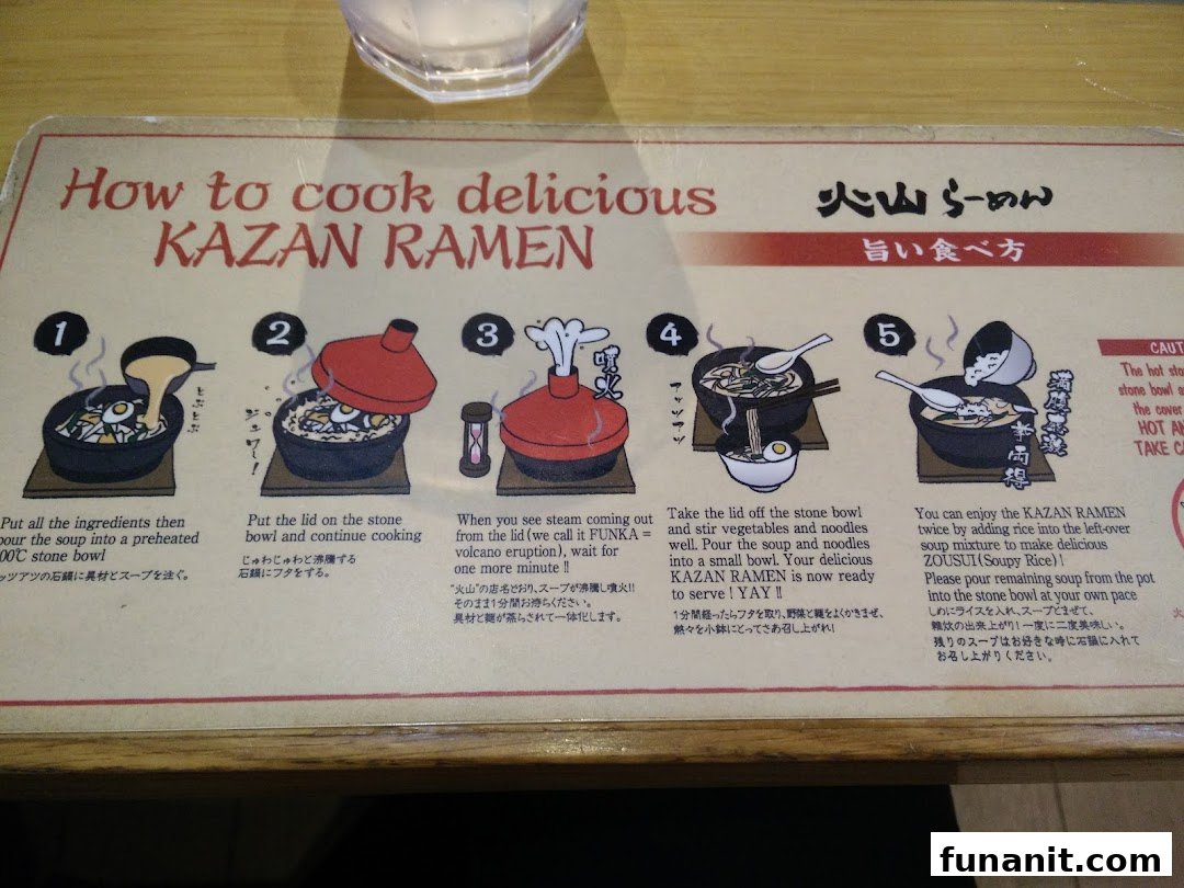 A step-by-step guide illustrating how to prepare and enjoy Tonkotsu Kazan Ramen in a hot stone bowl.