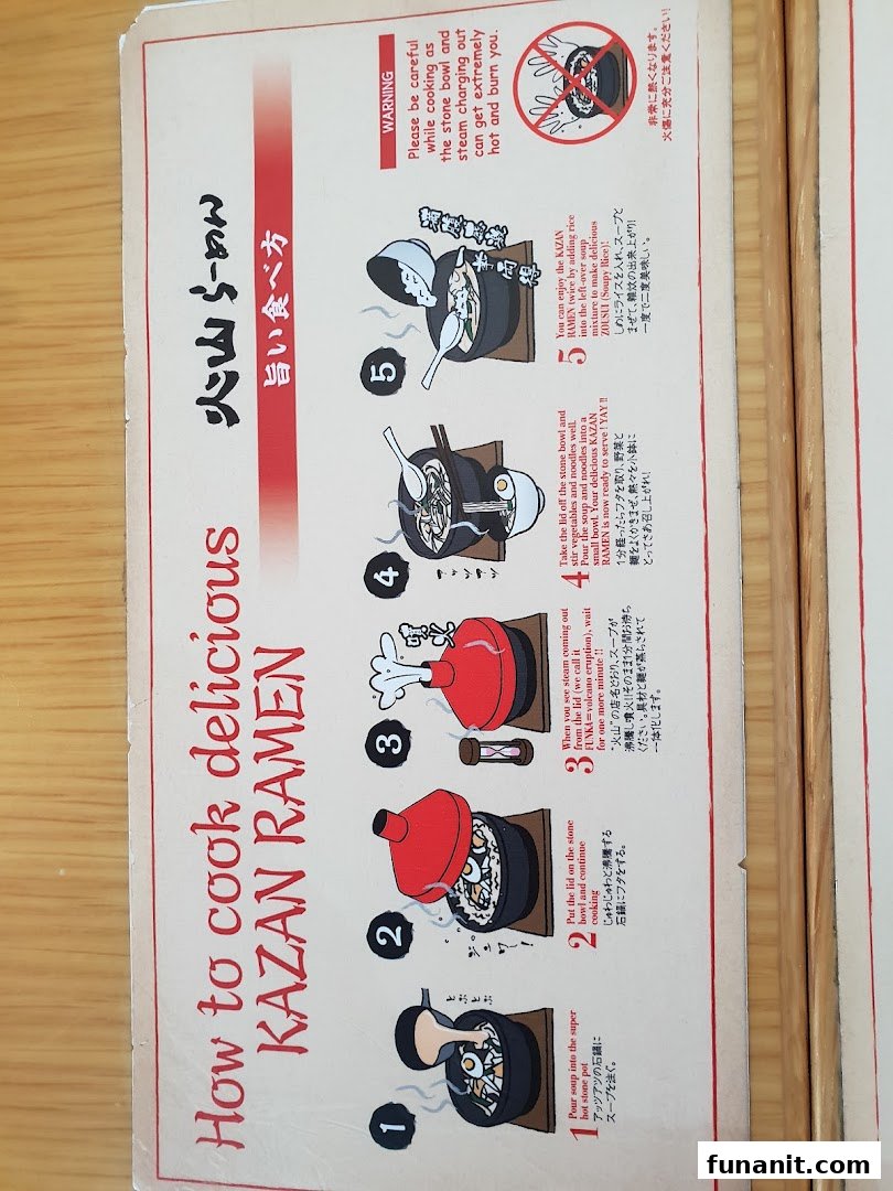 A step-by-step guide on how to cook and enjoy Tonkotsu Kazan Ramen, including safety warnings.
