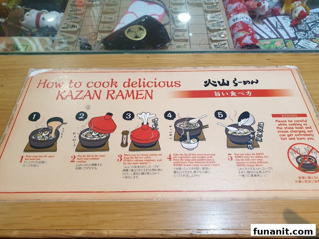 An instructional guide on how to cook and enjoy Tonkotsu Kazan Volcano Ramen.