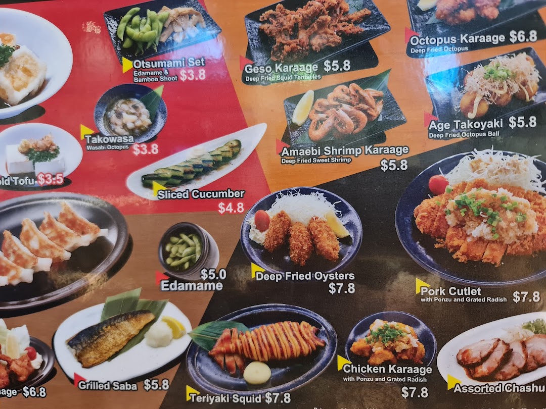 A vibrant menu displaying various Japanese appetizers, fried dishes, and grilled items with prices.