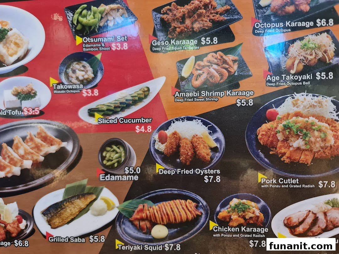 A vibrant menu displaying various Japanese appetizers, fried dishes, and grilled items with prices.