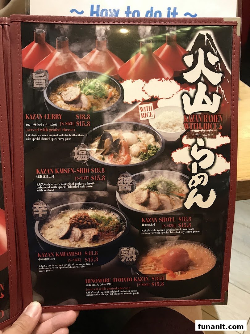 A menu page displaying various 'Kazan' style ramen dishes with prices and descriptions.