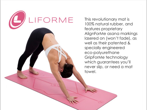 A person in a yoga pose on a pink Liforme mat, highlighting its features and technology.