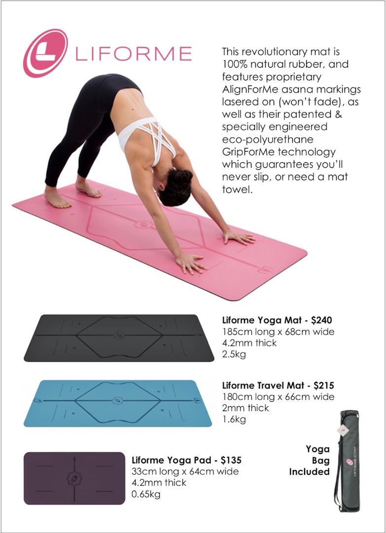 A catalog page showcasing Liforme yoga mats and pads with detailed features and pricing.