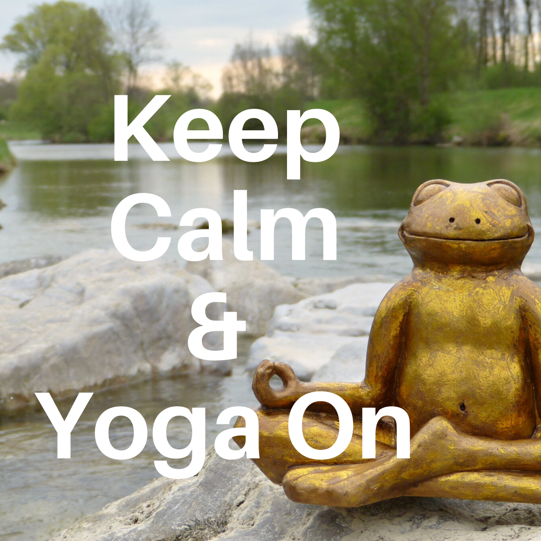 A golden frog statue meditating by a river with the text 'Keep Calm & Yoga On' overlaid.