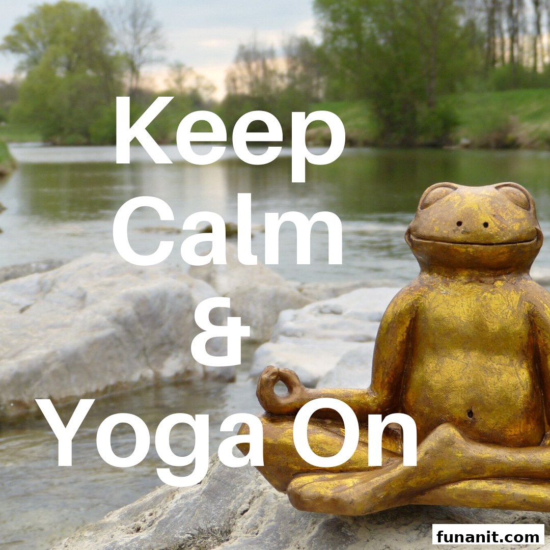 A golden frog statue meditating by a river with the text 'Keep Calm & Yoga On' overlaid.