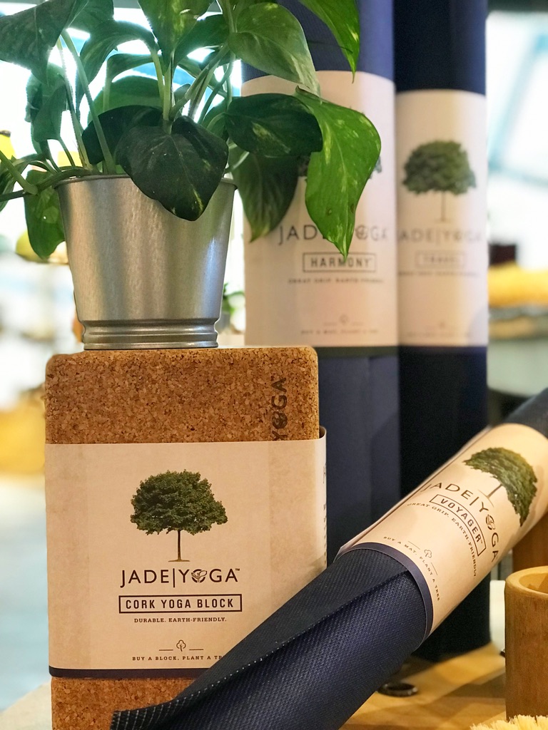 Close-up of Jade Yoga cork blocks and mats, showcasing eco-friendly yoga accessories and a potted plant.