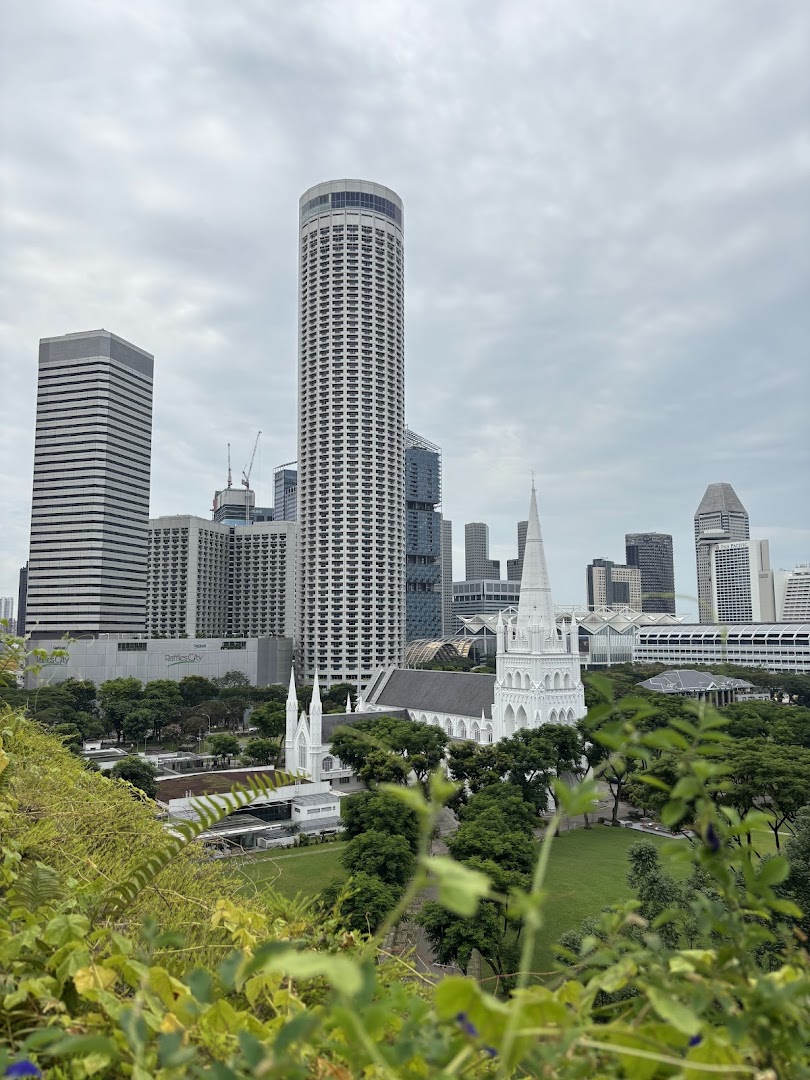 An aerial view of a city skyline featuring a white church and modern skyscrapers amidst lush greenery.