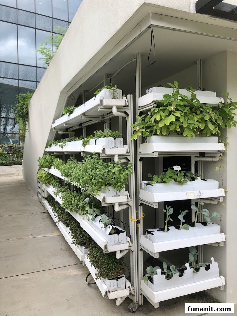A vertical hydroponic farm display showcasing various green plants growing in white trays.