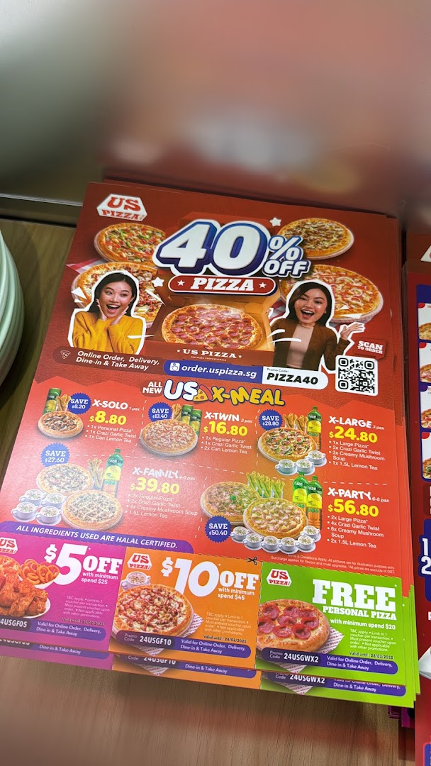 A promotional flyer for US Pizza showcasing various pizza meal deals and discount coupons.