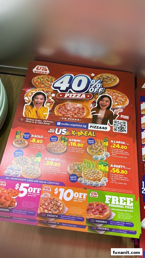 A promotional flyer for US Pizza showcasing various pizza meal deals and discount coupons.