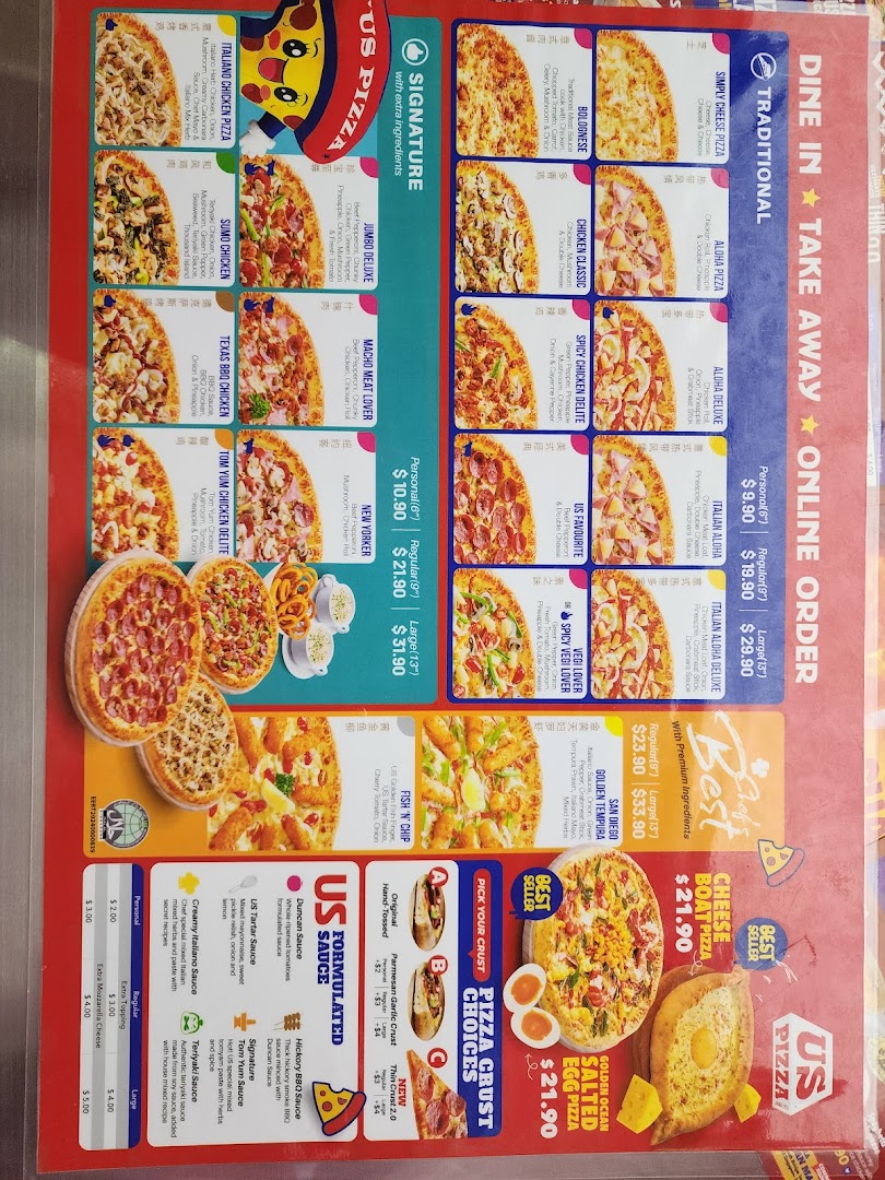 A detailed menu board for US Pizza, showcasing various pizza types, prices, and crust options.