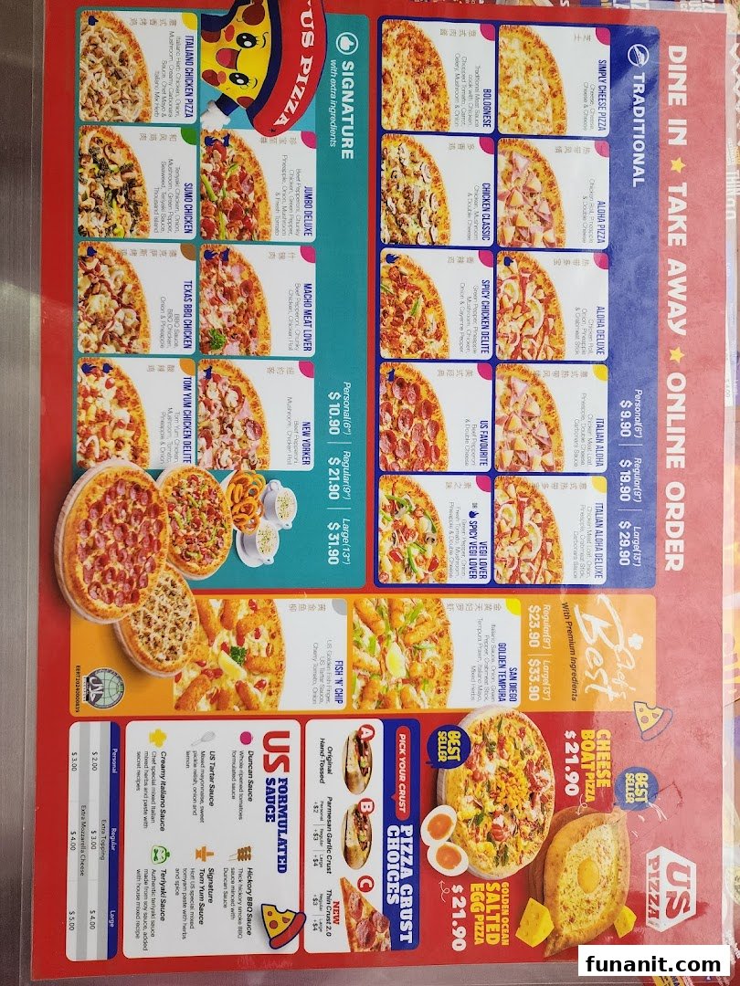 A detailed menu board for US Pizza, showcasing various pizza types, prices, and crust options.