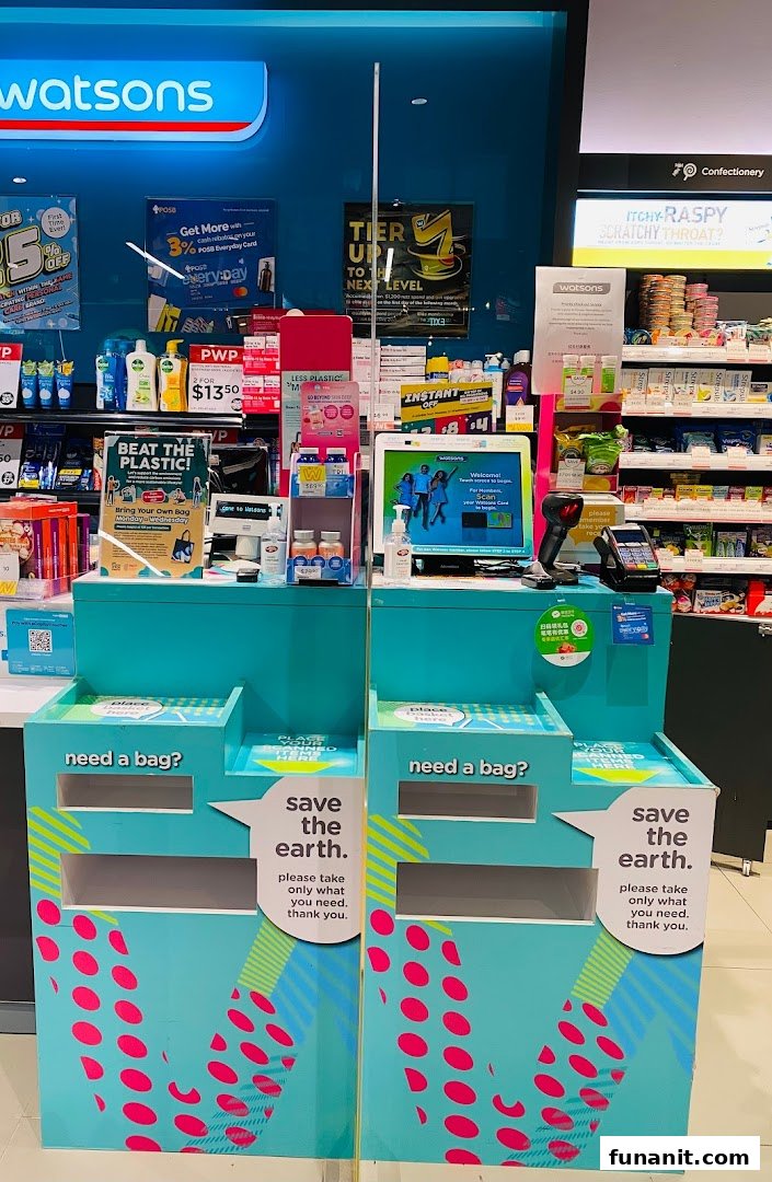 An interior view of a Watsons store, featuring checkout counters, product displays, and eco-friendly bag stations.