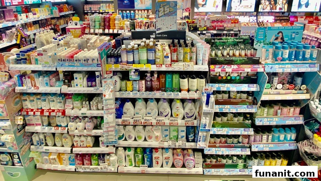 A wide array of health and beauty products displayed on shelves inside a Watsons store.