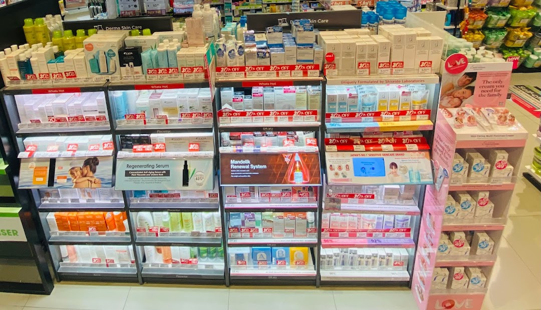 A well-lit display of various skincare products and beauty essentials inside a retail store.