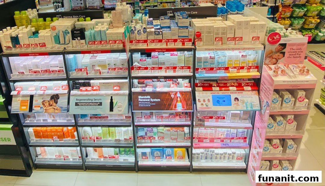 A well-lit display of various skincare products and beauty essentials inside a retail store.