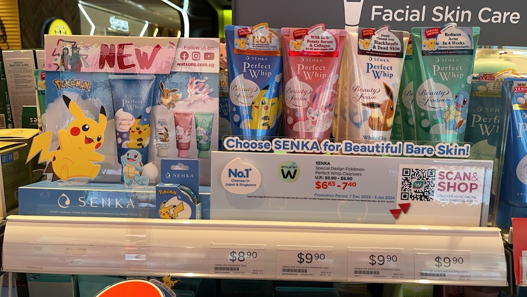 A vibrant in-store display showcasing Senka Perfect Whip cleansers featuring a special Pokémon collaboration.