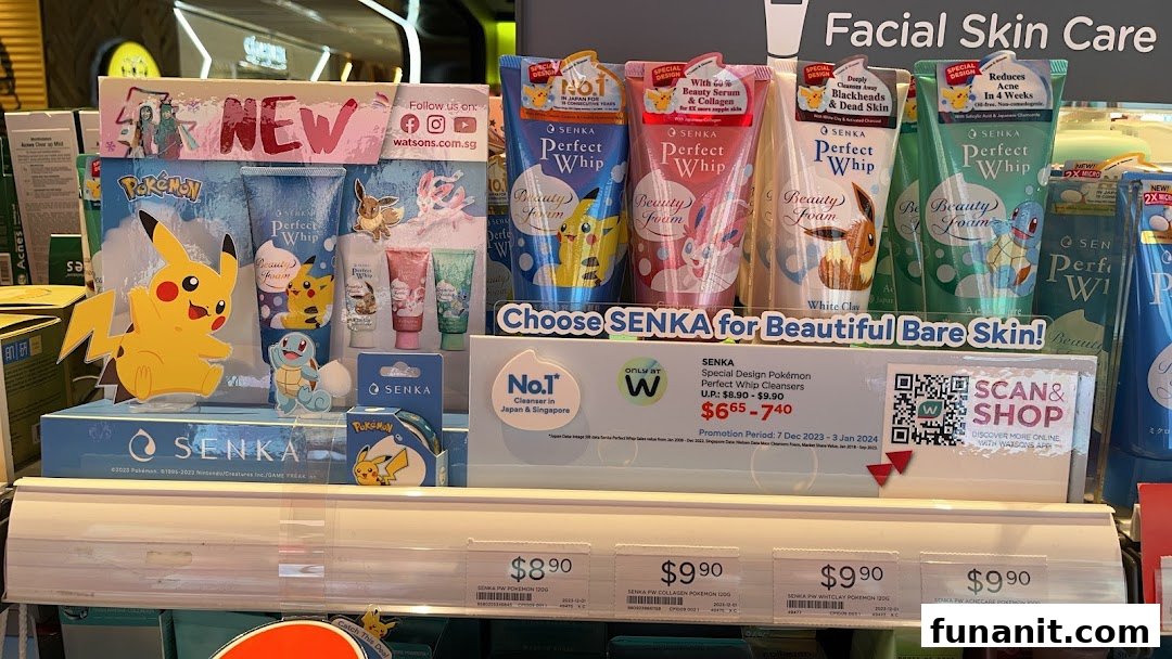 A vibrant in-store display showcasing Senka Perfect Whip cleansers featuring a special Pokémon collaboration.