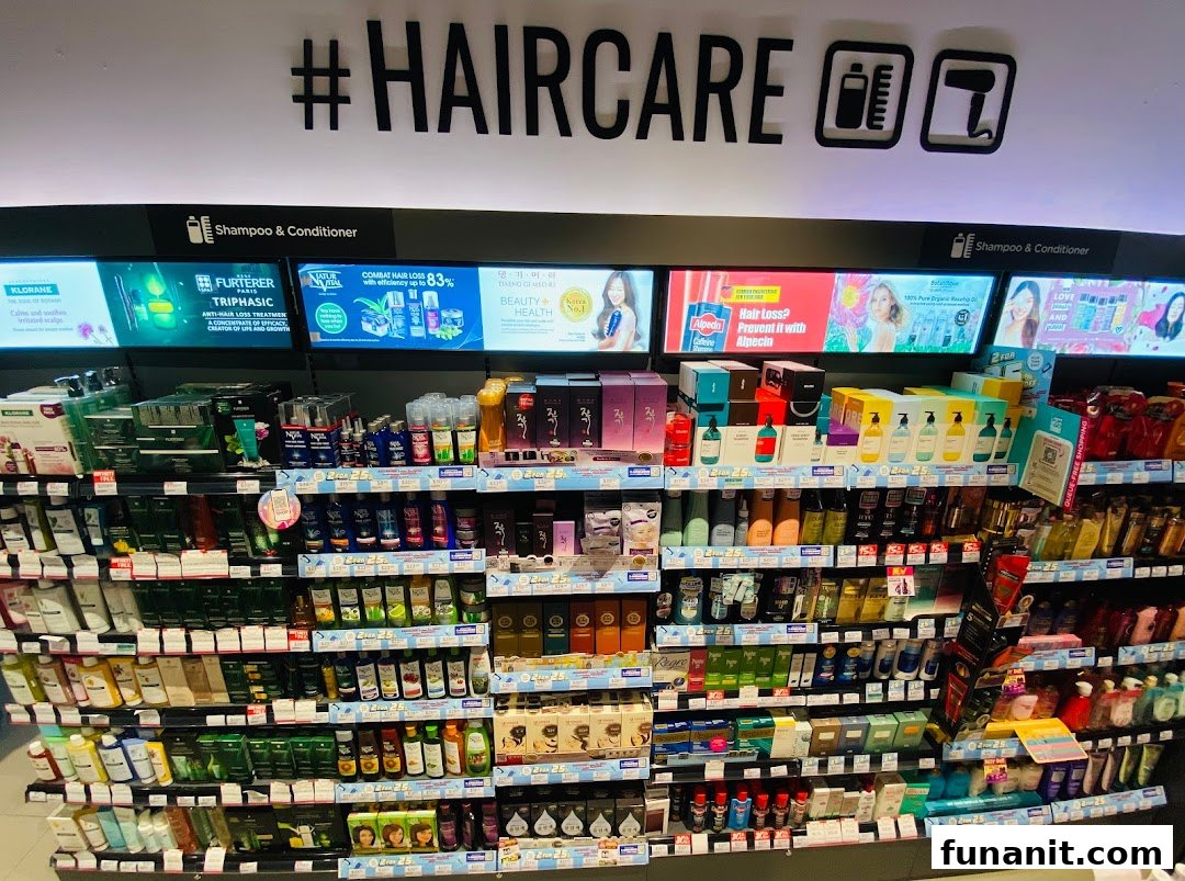 A brightly lit aisle showcasing a wide range of haircare products and solutions in a retail store.