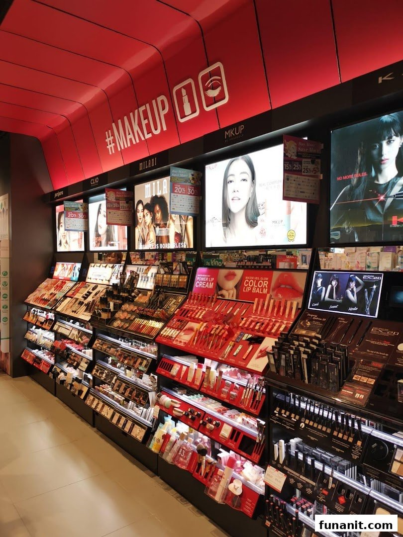 A vibrant display of makeup and beauty products with bright lighting and promotional signage inside Watsons.