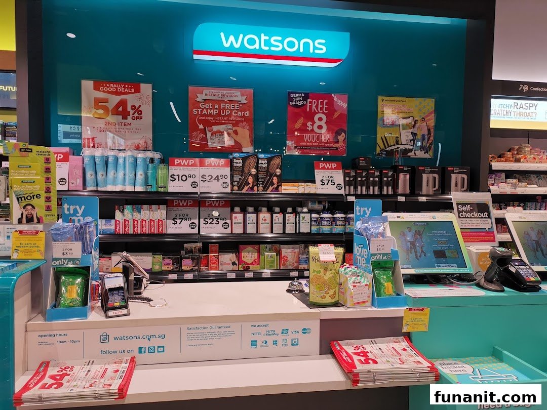 Interior view of a Watsons store, showcasing health and beauty products, promotional displays, and a self-checkout area.