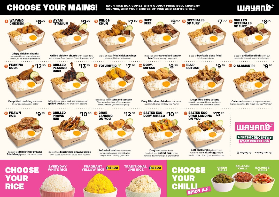 A vibrant menu displaying various rice box mains, rice options, and chili choices from Wayang.
