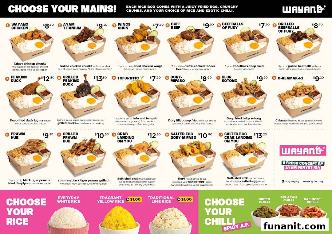 A vibrant menu displaying various rice box mains, rice options, and chili choices from Wayang.