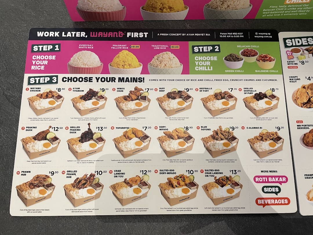 A detailed menu board for Wayang Funan, showcasing various rice, chilli, and main dish options.