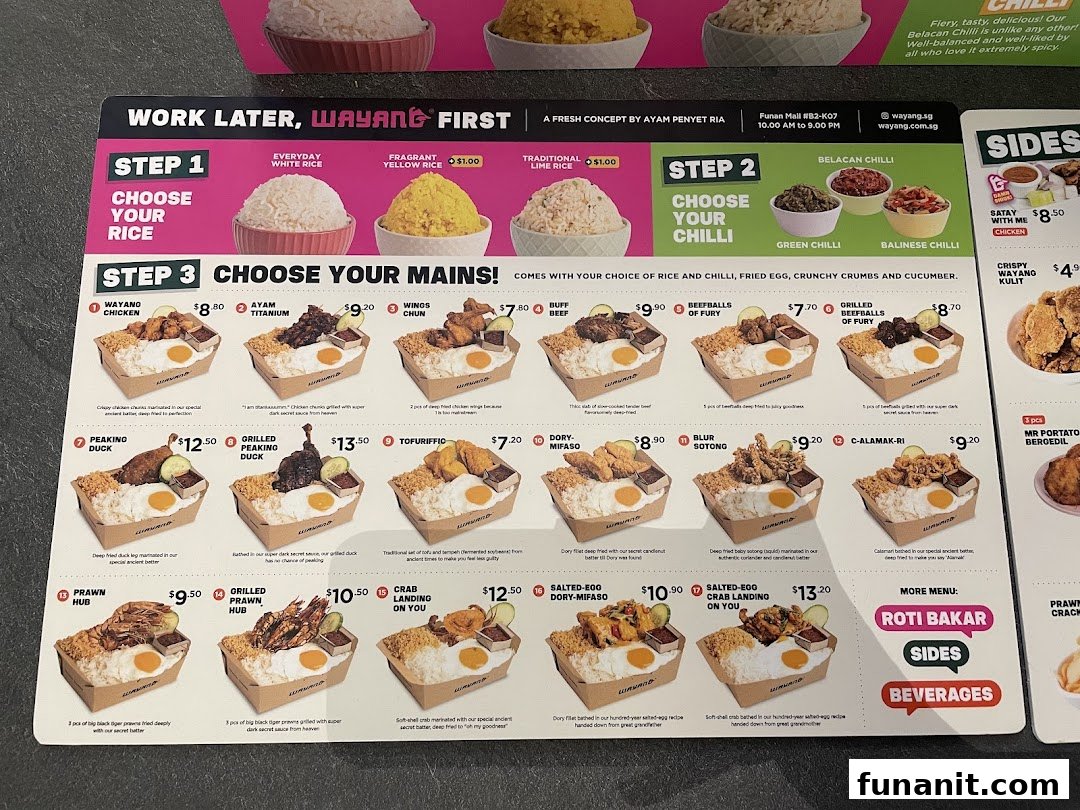 A detailed menu board for Wayang Funan, showcasing various rice, chilli, and main dish options.