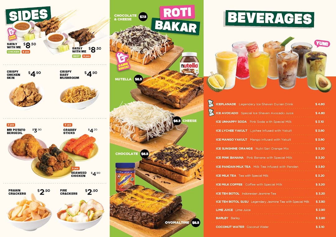 A vibrant menu displaying a variety of sides, Roti Bakar, and beverages with prices.