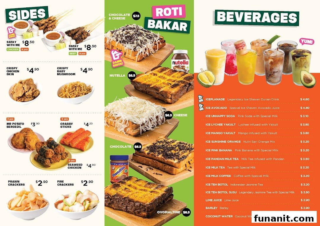 A vibrant menu displaying a variety of sides, Roti Bakar, and beverages with prices.
