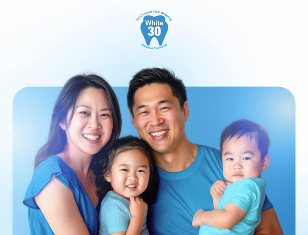 A smiling family portrait promoting White30 Teeth Whitening and its Japanese technique.