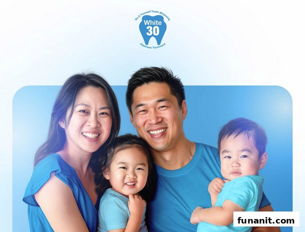 A smiling family portrait promoting White30 Teeth Whitening and its Japanese technique.