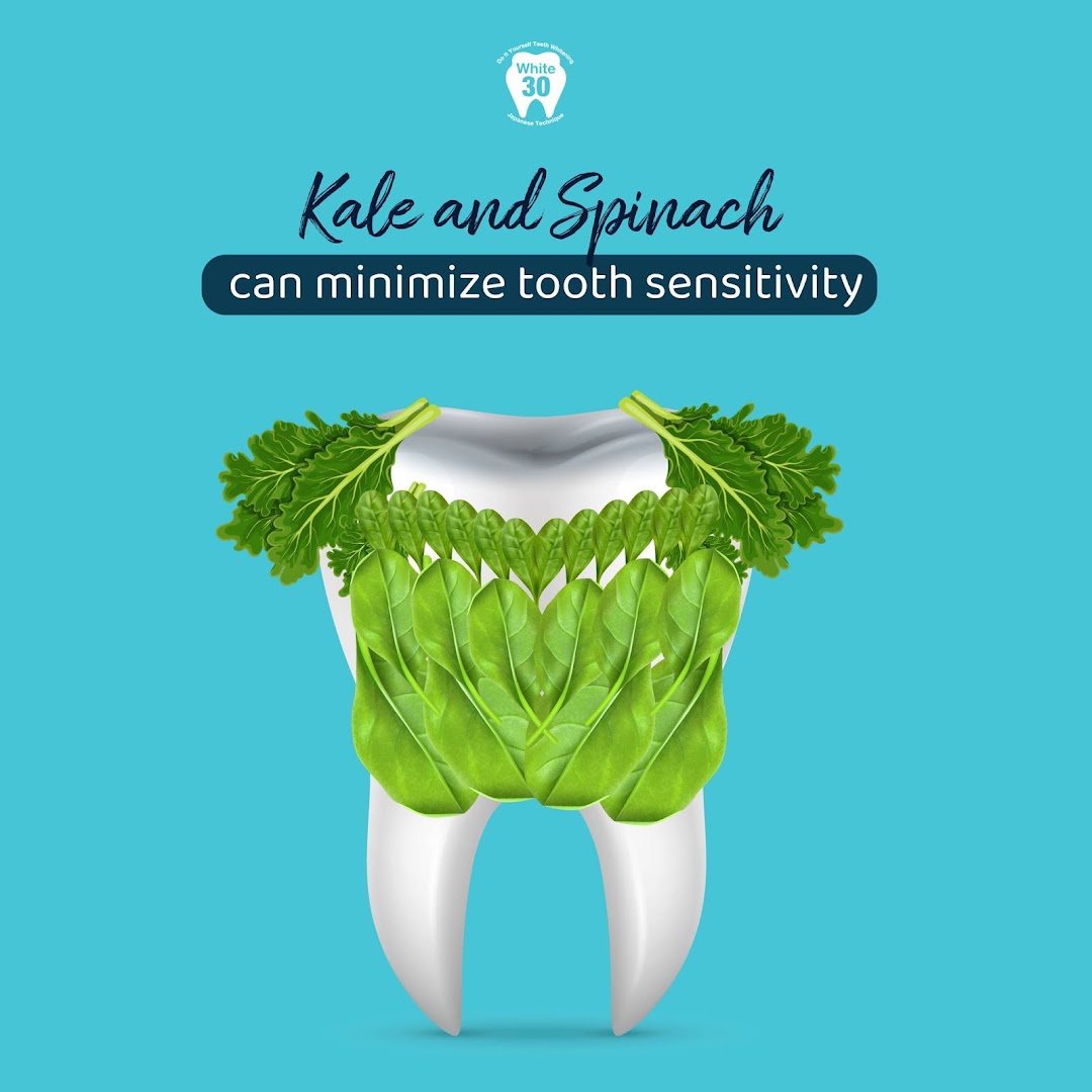 An illustration of a tooth adorned with kale and spinach leaves, promoting natural ways to minimize tooth sensitivity.