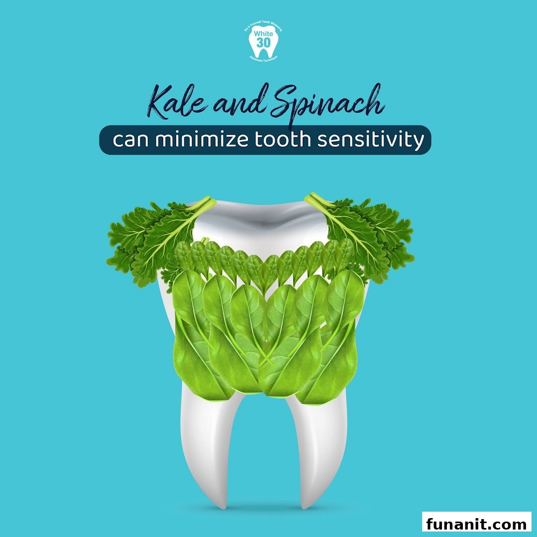 An illustration of a tooth adorned with kale and spinach leaves, promoting natural ways to minimize tooth sensitivity.