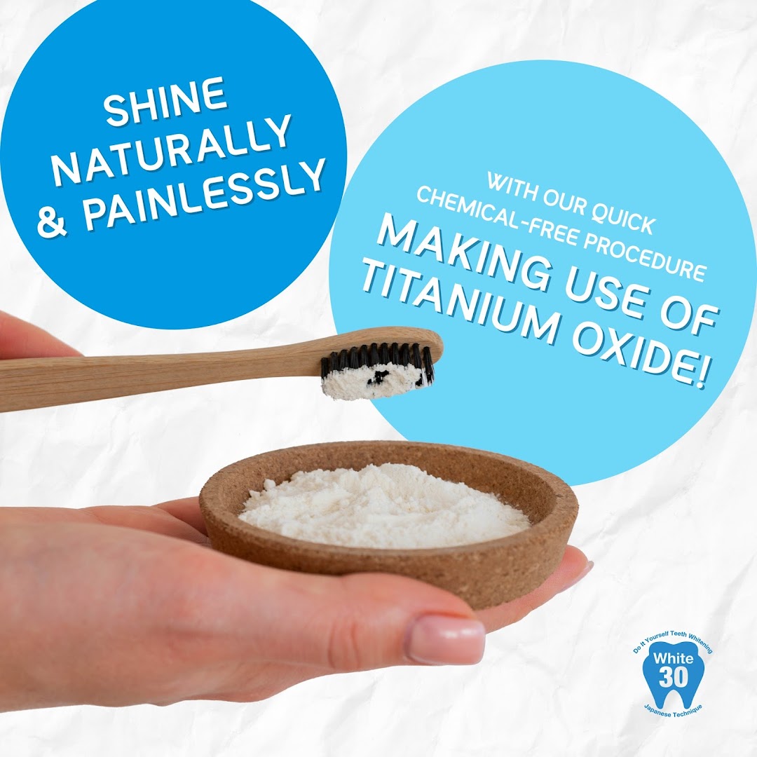 A hand holds a bowl of teeth whitening powder with a toothbrush, featuring promotional text.