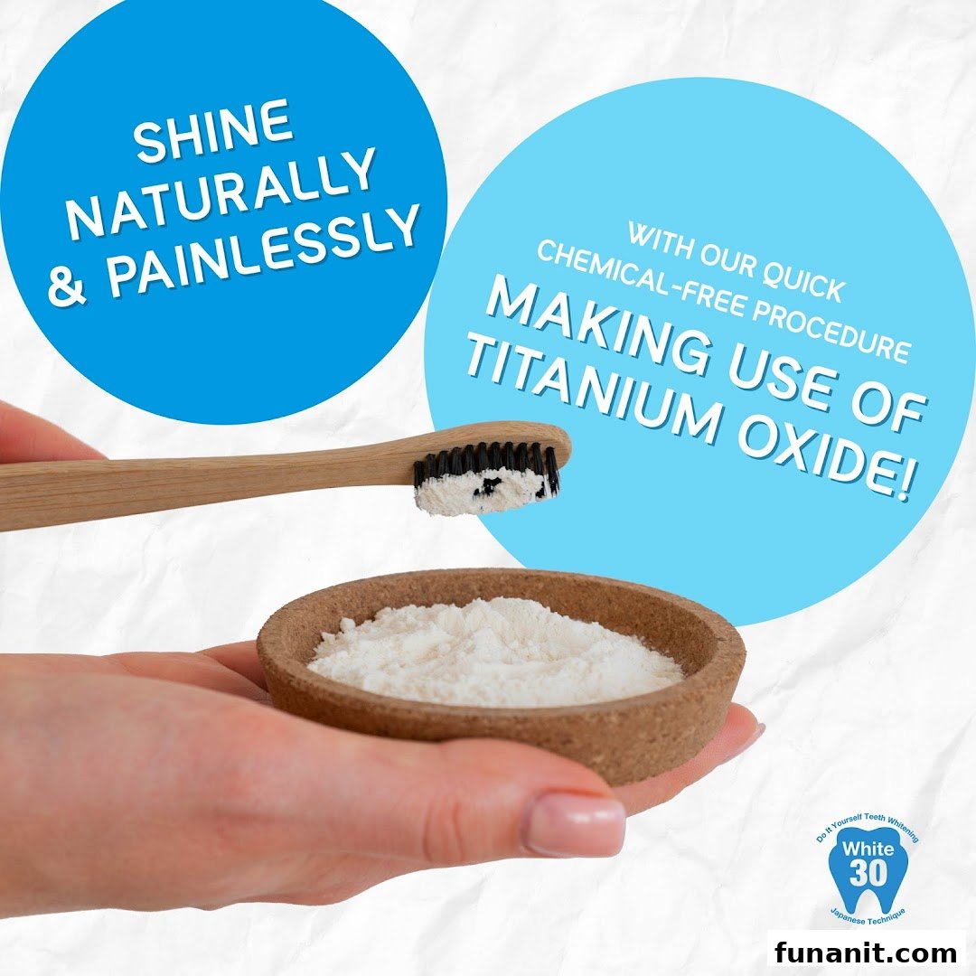 A hand holds a bowl of teeth whitening powder with a toothbrush, featuring promotional text.